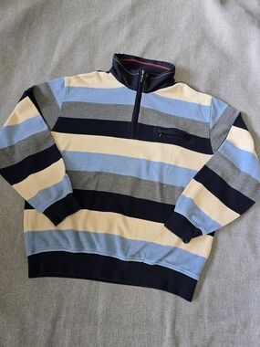 Bugatti  Striped 1/4-Zip Sweater - Blue, Cream & Gray Size XL